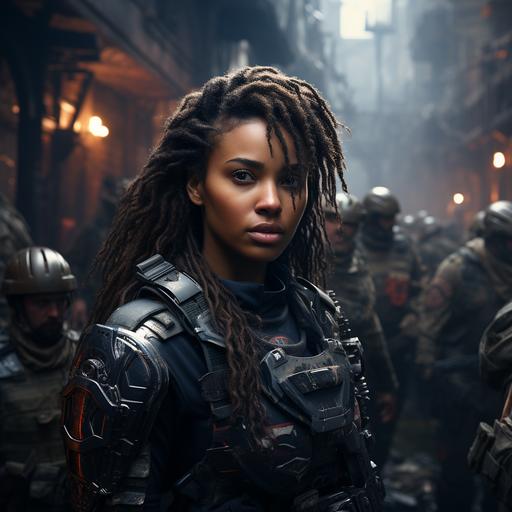 Create an image for a hyperrealistic first-person shooter video game cover. The scene is set in a dystopian future cityscape with tall, crumbling skyscrapers veiled in mist. In the foreground, a diverse group of soldiers with detailed tactical gear moves through the ruins. The central figure is a Black woman, a squad leader, looking intently forward with a high-tech helmet and an augmented reality visor. To her side, a Hispanic man is crouched, reloading his futuristic assault rifle. Behind them, an Asian woman is providing cover with a sniper rifle, and a Middle-Eastern man is throwing a grenade. Dynamic lighting highlights the intensity of the scene with sparks and debris flying around. The game's title hovers above in sleek, metallic lettering, catching the light. The image is ultra-high resolution with a focus on dramatic shadows and intricate textures, capturing the essence of an immersive gameplay experience --s 750