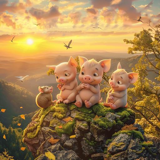 Create an image in a cartoon way with 4 baby pigs and one monkey sitting together atop a mossy rock formation, overlooking a breathtaking vista of the forest below. The setting sun bathes the landscape in warm hues of orange and gold, while birds soar gracefully in the sky above. The friends should be sharing a moment of quiet contemplation and friendship. Should have 4 pigs and 01 monkey