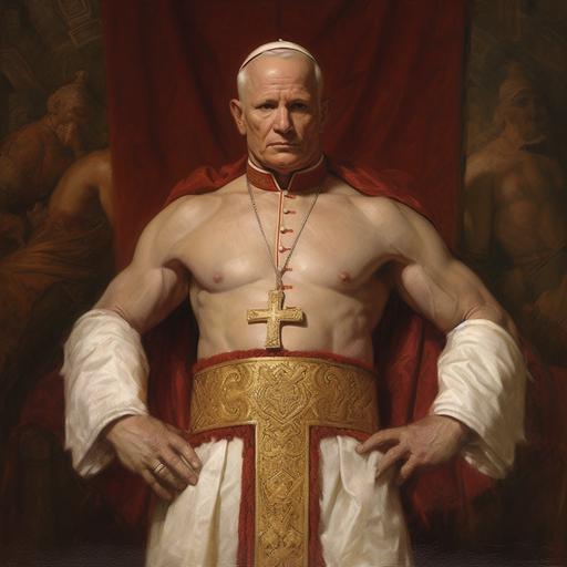 Create an image of Pope John Paul II in the style of 19th century painting, with a bare chest to showcase his muscular physique as a passionate bodybuilder. He should be wearing a papal hat and holding papal regalia in his hands.