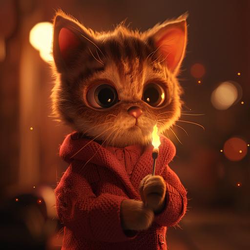 Create an image of a 3D animated cat, characterized by its richly colored tabby fur, wearing a cute red outfit. The cat stands under a faint light source that highlights its features and the vibrant red of its clothing, with the surroundings enveloped in a slightly dim, cozy, yet melancholic atmosphere. It should be holding a matchstick in its paw, looking down at it with large, watery eyes that reflect a mix of sorrow and hope. The expression on the cat's face is delicate and touching, perfectly capturing its emotional state. The cat's posture and the way it interacts with the matchstick should evoke a sense of pondering or hoping, adding depth to the scene. The red outfit should add a pop of color and cuteness to the scene, contrasting with the overall melancholic mood. Focus on rendering the scene with vivid detail, especially the cat's fur, eyes, and its cute red outfit, to make the image both visually striking and emotionally moving. --v 6.0