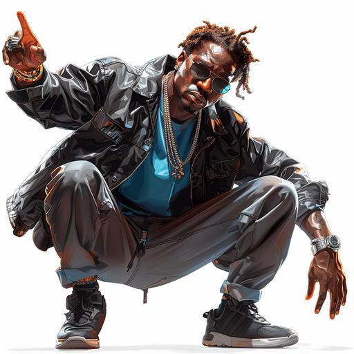 Create an image of a black male with an energetic and dynamic pose, exuding confidence. They should be wearing modern streetwear: a sleek black leather jacket and a plain blue t-shirt, paired with casual grey pants and stylish black sneakers with a hint of blue. The person is wearing dark sunglasses and striking a dance-like pose with one hand reaching towards the viewer in a welcoming gesture. The background should be a clean, solid white to keep the focus on the person. The person's facial expression is cool and collected, matching the vibe of a street dancer --s 750