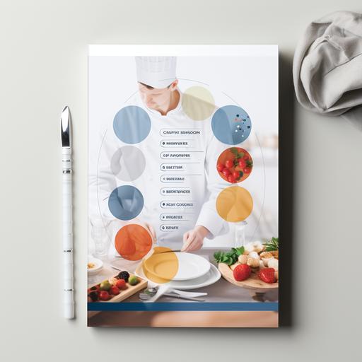 Create an image of a chef holding an analytical report. The front cover of the report is in view, featuring only illustrations of analyses - no words are present, emphasizing a very simplistic design approach. The chef's appearance is partially visible, focusing on the professional chef's jacket, and the hands and arms.