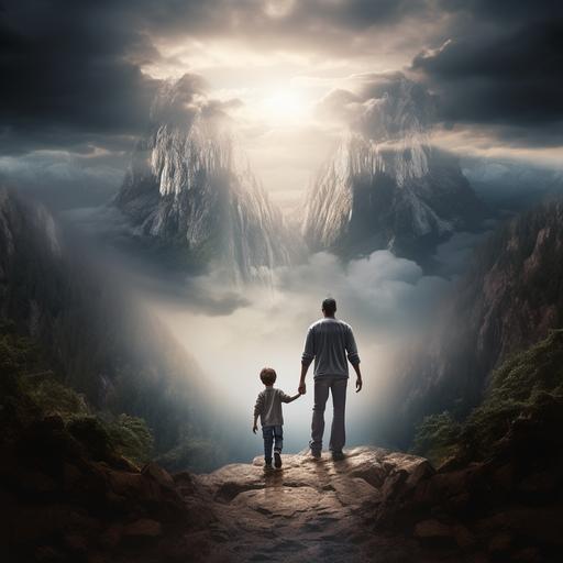 Create an image of a child walking hand in hand with an angel, with a mountain landscape background, photographic style, realistic style, insane details