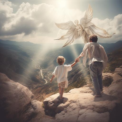 Create an image of a child walking hand in hand with an angel, with a mountain landscape background, photographic style, realistic style, insane details