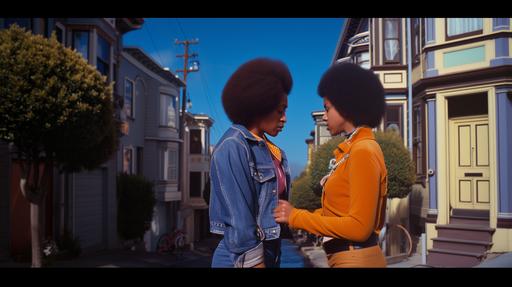 Create an image of a day in the life of an African American lesbian couple in the Haight-Ashbury neighborhood during the 1960s - style raw --s 0 --ar 16:9 --v 6.0