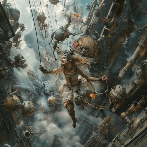 Create an image of a futuristic pirates swinging on ropes towards an enemy spaceship. The pirates aredressed in a sci-fi, steampunk outfit with details such as gears, mechanical elements, and a space helmet. The background shows the vastness of space with stars and a large, imposing enemy spaceship in the distance. The ropes are attached to the pirate's own smaller spacecraft, and there is a sense of motion as the pirate swings through space towards the enemy ship.photography unflattering selfie of a baby infant girl from iPhone, wide angle, awkward face, shocked, funny, Kodak portra 800graceful space pirates ballet dancers performing a pirouette, tucson dust trail, desertpunk wild west shooting, apocalytic Two women trying to tickle each other and laughing loudly, blowing mind::7 , A bleak, hacking a pc, dancing and jumping::2 , full-length portrait photo, a woman in her late 30s, full-figured and wide-hipped, in an ensemble that includes leggings, inside a kitchen, with a surprised anxious expression, discomfort, awkwardness. blurred modern kitchen background okay this guy looks literally crazy, alone at his computer, going insane ugly exaggerated model photo, surreal, body suit, huge broken nose, monobrow, big ears, space Pirate tattoo on neck, ear tunnel earrings, 7 eyes, big bottom lip, gills on cheeks, feathered hair, spinning fan hat, leather shoe eyelids --v 6.0 --s 250