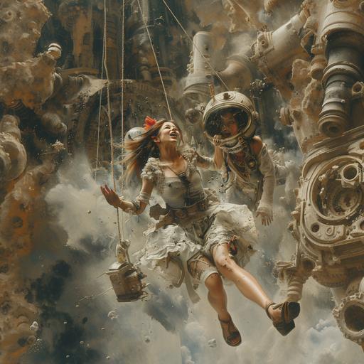 Create an image of a futuristic pirates swinging on ropes towards an enemy spaceship. The pirates aredressed in a sci-fi, steampunk outfit with details such as gears, mechanical elements, and a space helmet. The background shows the vastness of space with stars and a large, imposing enemy spaceship in the distance. The ropes are attached to the pirate's own smaller spacecraft, and there is a sense of motion as the pirate swings through space towards the enemy ship.photography unflattering selfie of a baby infant girl from iPhone, wide angle, awkward face, shocked, funny, Kodak portra 800graceful space pirates ballet dancers performing a pirouette, tucson dust trail, desertpunk wild west shooting, apocalytic Two women trying to tickle each other and laughing loudly, blowing mind::7 , A bleak, hacking a pc, dancing and jumping::2 , full-length portrait photo, a woman in her late 30s, full-figured and wide-hipped, in an ensemble that includes leggings, inside a kitchen, with a surprised anxious expression, discomfort, awkwardness. blurred modern kitchen background okay this guy looks literally crazy, alone at his computer, going insane ugly exaggerated model photo, surreal, body suit, huge broken nose, monobrow, big ears, space Pirate tattoo on neck, ear tunnel earrings, 7 eyes, big bottom lip, gills on cheeks, feathered hair, spinning fan hat, leather shoe eyelids --v 6.0 --s 250