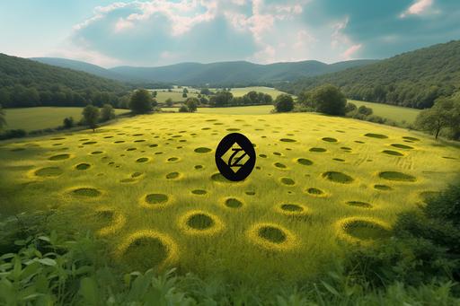 Create an image of a lush green field with a Binance logo in the center, surrounded by various cryptocurrencies, to represent Bnb Greenfield - Binance's sustainable initiative. --v 5 --ar 3:2 --v 5