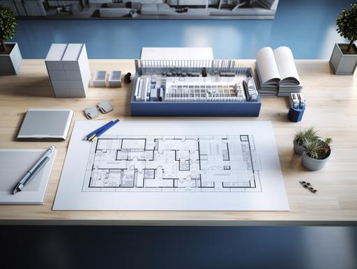 Create an image of a minimalistic, neatly-arranged blueprint laid out on a sleek, modern office desk. The blueprint should display a simple yet elegant architectural design, with clean lines and clear labeling. The desk should have a contemporary look, with a smooth, uncluttered surface, possibly made of a high-quality wood or a polished metal finish. Include subtle details like a stylish pen and a ruler aligned neatly beside the blueprint, enhancing the professional and organized atmosphere. The overall tone of the image should be sophisticated and suitable for a corporate setting, with a focus on simplicity and elegance. The lighting should be soft and natural, suggesting a calm, productive environment. Ensure the image has a high resolution and a clean aesthetic that makes it ideal for use in a corporate PowerPoint presentation. --ar 4:3 --v 5.2