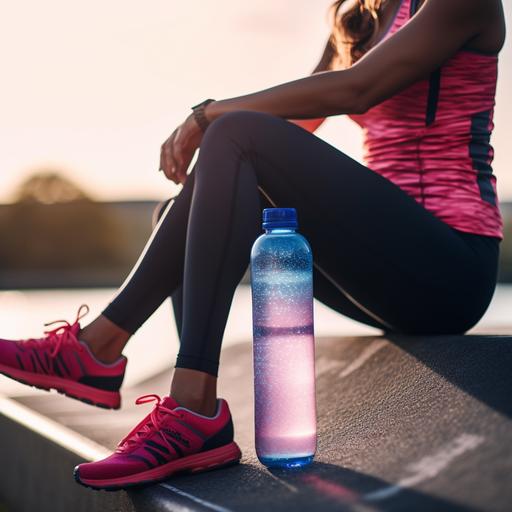 Create an image of a motivational blue and pink gradient sports water bottle decorated with time marks on the bottle next to the legs of a physically fit woman sitting down outdoors on a sunny day, wearing blue leggings. Use a Sony a7 III camera with an 85mm lens at F 1.2 aperture setting to blur the background. The focus should be on the water bottle.