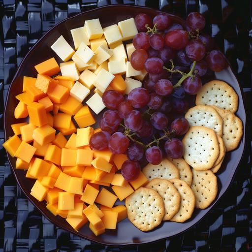 Create an image of a plentiful cheese and cracker platter arranged on a black woven surface. There should be two types of cheese: one is a bright orange cheddar cheese, and the other is a pale yellow semi-hard cheese, both cut into small cubes piled high. In the center of the platter, place a bunch of red grapes. On either side of the platter, arrange two varieties of crackers: one round and the other rectangular with rounded edges. The setting should resemble an outdoor gathering with natural lighting.