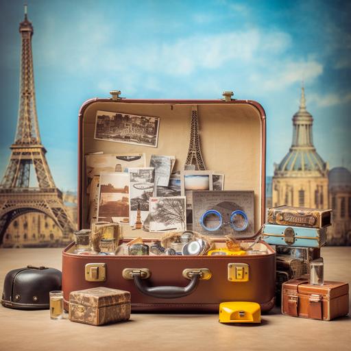 Create an image of a suitcase open with clothes, a camera, a passport, and bottles of NR supplements, all against a backdrop of famous world landmarks like the Eiffel Tower and the Great Wall of China.