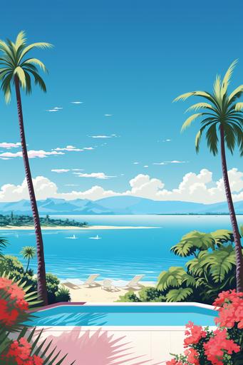 Create an image of a tropical paradise inspired by Hiroshi Nagai's art, with azure waters, sandy shores, and a clear blue sky --ar 2:3