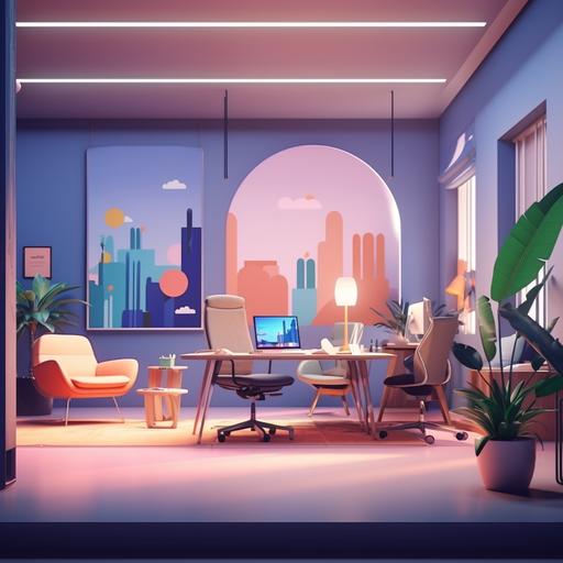Create an image of a welcoming, modern office environment with playful elements and light-hearted animations, suitable for an engaging company introduction video