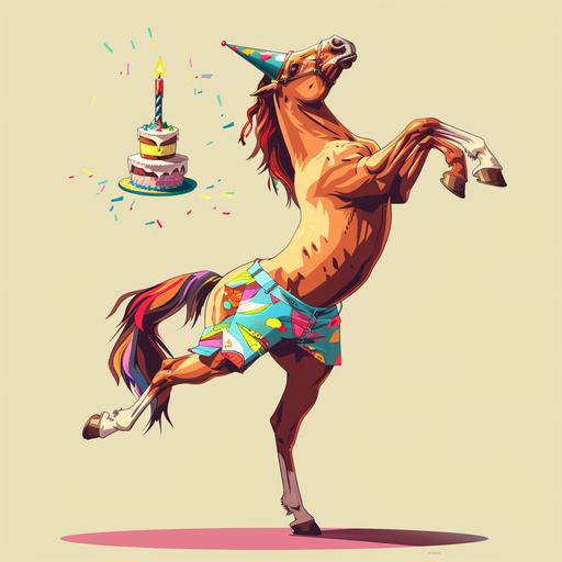 Create an image of a whimsical scenario: a horse gracefully doing a split while wearing colorful shorts and a tank top, balancing a birthday cake on one hoof. To add to the festivity, the horse is adorned with a vibrant birthday hat atop its head. The scene should evoke a sense of celebration and playfulness. cartoon --v 6.0