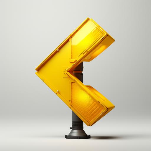 Create an image of a yellow left-turn road sign on a light background, photorealistic, photo studio, ultra high detail level