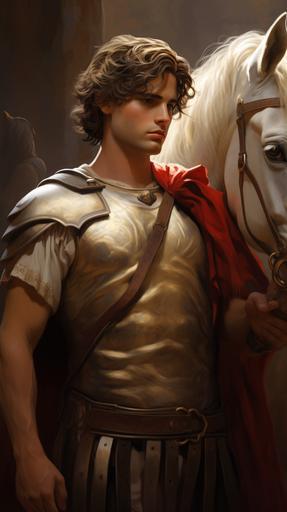 Create an image of a young Alexander the Great warrior taming the wild horse Bucephalus. Showcase their close bond and the trust between them. --ar 9:16