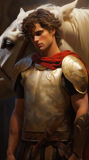 Create an image of a young Alexander the Great warrior taming the wild horse Bucephalus. Showcase their close bond and the trust between them. --ar 9:16