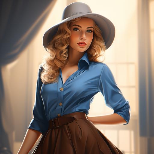 Create an image of an elegant and beautiful woman with blue eyes, wearing a flare skirt. She should be depicted in full-length without sunglasses and without a hat.