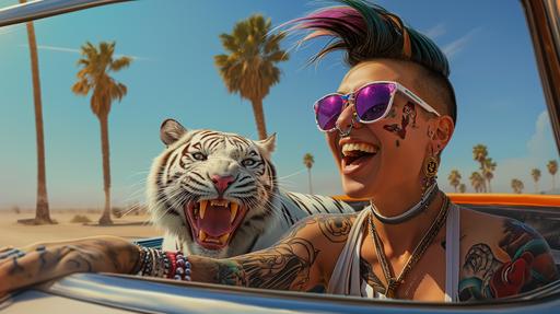 Create an image of an exuberant person with colorful facial tattoos and punk hairstyle wearing sunglasses, laughing joyously in the passenger seat of a classic convertible car, accompanied by a white tiger with purple sunglasses and a playful expression, both enjoying a sunny desert road trip, with palm trees in the background and a clear blue sky --v 6.0 --ar 16:9