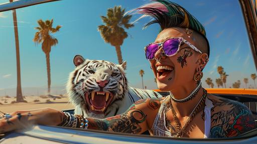 Create an image of an exuberant person with colorful facial tattoos and punk hairstyle wearing sunglasses, laughing joyously in the passenger seat of a classic convertible car, accompanied by a white tiger with purple sunglasses and a playful expression, both enjoying a sunny desert road trip, with palm trees in the background and a clear blue sky --v 6.0 --ar 16:9