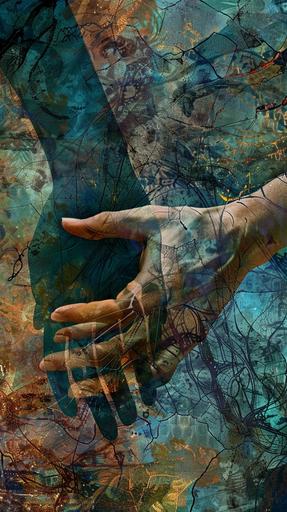 Create an image of an intertwined male and female hand, with the male hand gently enclosing the female hand. The style is a complex digital collage, combining elements of abstract and contemporary art with a dynamic overlay of textures, patterns, and color splashes. The background is a tapestry of urban and natural motifs, with an interplay of shadow and light that suggests depth and emotion. --ar 9:16 --v 6.0