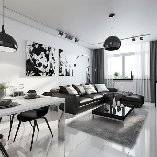 Create an image of modern apartment interiors, with white walls, using black and white and beigh.