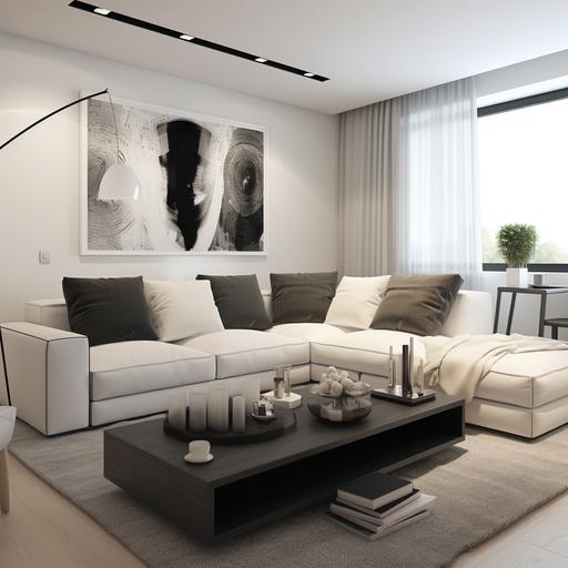 Create an image of modern apartment interiors, with white walls, using black and white and beigh.