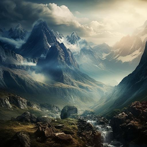 Create an image representing a mountain landscape, mist among the mountains, photographic style, insane details, realistic