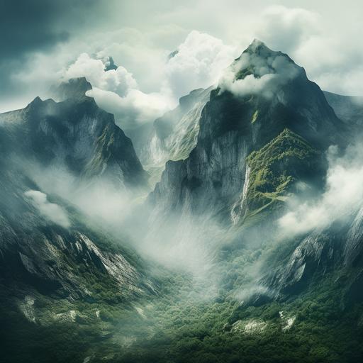 Create an image representing a mountain landscape, mist among the mountains, photographic style, insane details, realistic