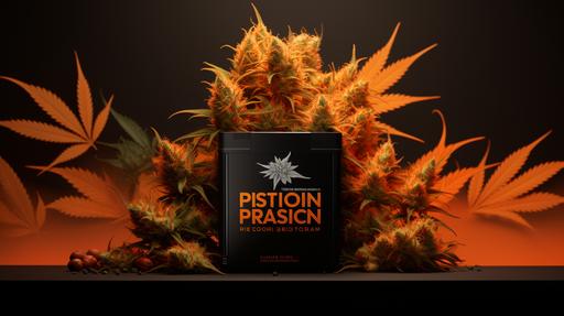 Create an image showcasing the vibrant and luscious Dutch Passion cannabis strains, with meticulously bred genetics on display. Capture the distinctive orange pistils, resin-covered buds, and the iconic Dutch Passion logo subtly featured in the background. --v 5.2 --ar 16:9
