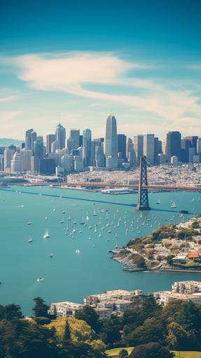 Create an image showing an aerial view of San Francisco, California. The image should have a vintage filter, to show San Francisco in the 1960s. The city should include iconic landmarks such as the Golden Gate Bridge or the Painted Ladies. A finely contoured wheat ear icon should float above the city, symbolizing a crime scene, 8k, real photo, --ar 9:16