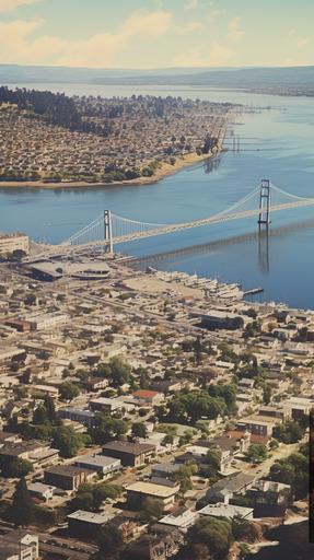 Create an image showing an aerial view of Vallejo, California. Using a vintage filter, show Vallejo in the 1960s. The town should be close to the water, and a finely contoured wheat ear icon should float above the town, suggesting a crime scene, 8k, real photo, --ar 9:16