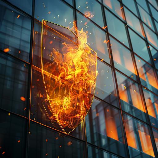 Create an image that illustrates the concept of protection and readiness against fire hazards in a business setting. The scene should depict a shield or barrier symbolically guarding against flames, representing fire safety audits. Include visual elements that suggest a corporate environment, such as an office building or industrial setting in the background. The overall tone should convey security, vigilance, and the critical importance of preventive measures. The style should be realistic yet approachable, emphasizing the protective action against potential fire risks. --ar 1:1 --v 6.0