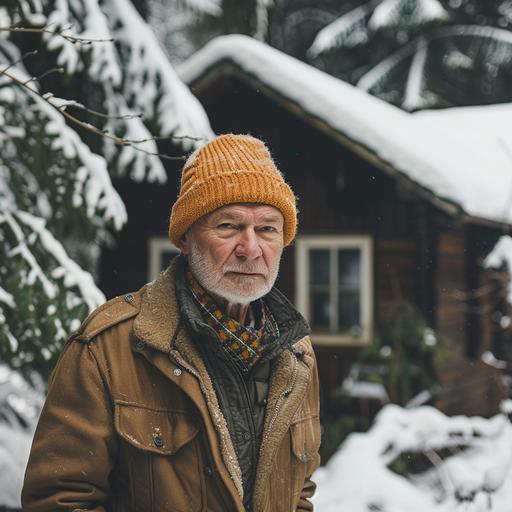 Create an image that looks like it was taken by a professional photographer using a Canon mirrorless camera with a Sigma 85mm f/1.4 lens, in natural daylight. The scene should vividly capture a man, approximately 65 years old, standing by his house located in a winter forest. The man is dressed appropriately for the cold weather, perhaps wearing a thick, warm coat, a knitted hat, and gloves, with a gentle, contented expression on his face that tells a story of a life well-lived and a deep connection with the nature surrounding him. His house, partially covered in snow, should blend harmoniously with the serene, snowy forest backdrop, suggesting a peaceful coexistence with the environment. The natural daylight is soft, with a low winter sun casting long shadows and highlighting the textures of the snow, the trees, and the man's winter attire. The background, while detailed, should not overshadow the subject, with the focus remaining on the man and his immediate surroundings. The image is framed in a 4:5 aspect ratio, perfect for portrait orientation, emphasizing the vertical lines of the trees, the man's stature, and the architectural features of the house.