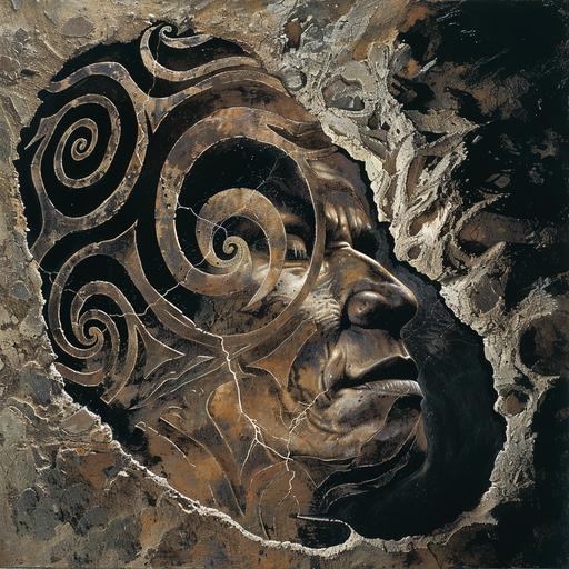 Create an image where Rūaumoko is depicted embodying the essence of an earthquake. His form should be fragmented and dynamic, symbolizing the ground splitting and the chaotic energy of the earth's movements. His presence should be intense and powerful, with his body seemingly made up of shifting earth, cracks, and fissures that radiate out from him as the epicenter. The cavern around him should appear as if it is actively being reshaped by his power, with rocks and earth suspended in the air, and the ground undulating like waves. This representation should convey the immense power and the unpredictable nature of earthquakes, reflecting Rūaumoko's role as the god of earthquakes in a visually striking manner.