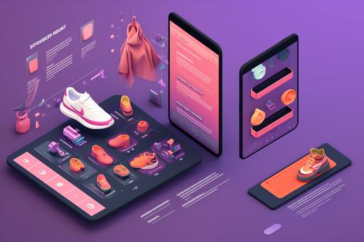 Create an isometric illustration showcasing the concept of 'E-Commerce Replatforming'. Feature a mobile device displaying a tennis show on a shopping platform, a desktop screen showing a shoe, a shopping cart, credit card, shopping bags, and coins. The color scheme should be soft , predominantly in shades of pink , and purple . Overlay the illustration with the text 'E-Commerce Replatforming' and add a fictional company logo on the top.