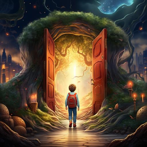 Create an kid friendly cartoon image symbolizing the conclusion of the mythical journey, featuring elements like a closing book, a mystical doorway, or a visual representation of the magic of mythology.
