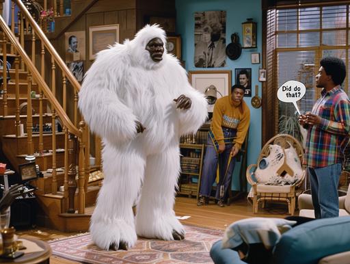 Create an sitcom Still capturing a classic TGIF sitcom moment with a fantastical twist, set in the beloved Family Matters living room. In this scene, Carl Winslow has been transformed into a Yeti, courtesy of Steve Urkel's latest misguided experiment. Yeti Carl, towering and covered in thick, white fur, stands with his hands assertively placed on his hips, exuding a mix of frustration and disbelief. His eyes, still unmistakably Carl's, glare down at a sheepish and apologetic Steve, who looks up at him with a classic Urkel expression of regret and a hint of fear, has a speech bubble above him that says 