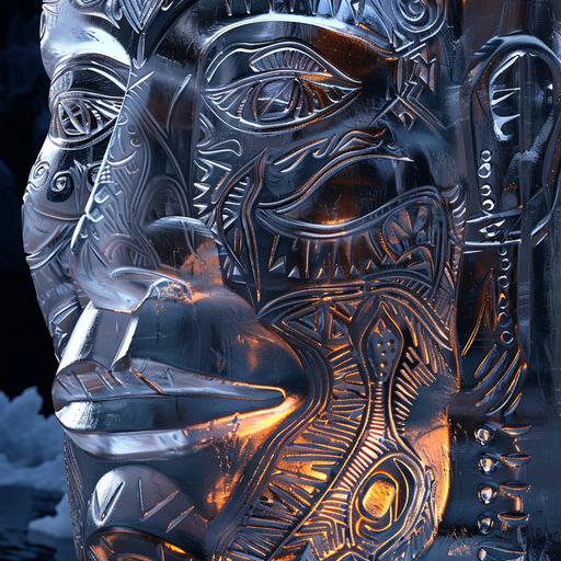 Create an ultra high-definition, hyper-realistic image of a gigantic ice sculpture featuring only the faces of a Māori warrior tāne and a Māori warrior wāhine. The faces should be adorned with traditional Māori designs and patterns, showcasing vivid detailing, dramatic shadows, and rich, deep contrast. Apply gigantism to emphasize the scale of the faces within the sculpture, which should have flowing lines and glowing patterns, creating a dynamic and intense environment. The faces should merge seamlessly into the ice, set against a dramatic and surreal icy background, emphasizing the artistic and cultural significance.