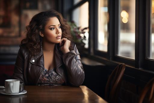 Create an ultra-high-definition, ultra-realistic image of a shimmering mahogany tone plus-sized woman sitting at a wooden table in a cozy restaurant. She is wearing a casual-chic outfit, consisting of a heather grey leather jacket and a floral print shirt underneath. Her expression is contemplative and relaxed, with her hand resting gently on her cheek. She has voluminous, elbow-length dreadlocks with a rich, deep brown color that frames her face beautifully. In the background, there's soft ambient lighting that gives a warm, welcoming glow to the restaurant's interior, with a hint of decor elements like a small plant and a vintage poster partially visible. The scene should exude a serene, comfortable atmosphere, inviting the viewer to imagine themselves in a quiet moment of repose.