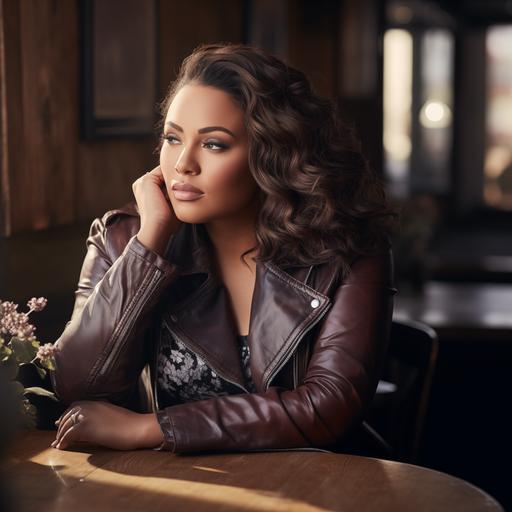 Create an ultra-high-definition, ultra-realistic image of a shimmering mahogany tone plus-sized woman sitting at a wooden table in a cozy restaurant. She is wearing a casual-chic outfit, consisting of a heather grey leather jacket and a floral print shirt underneath. Her expression is contemplative and relaxed, with her hand resting gently on her cheek. She has voluminous, elbow-length dreadlocks with a rich, deep brown color that frames her face beautifully. In the background, there's soft ambient lighting that gives a warm, welcoming glow to the restaurant's interior, with a hint of decor elements like a small plant and a vintage poster partially visible. The scene should exude a serene, comfortable atmosphere, inviting the viewer to imagine themselves in a quiet moment of repose.