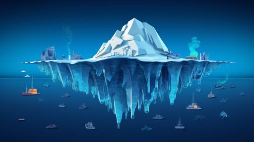 Create an ultra high-quality, animated infographic of an iceberg in a vast ocean. The tip of the iceberg above the water represents the Surface Web, populated with familiar icons such as social media logos and web browsers. Below the water, the Deep Web is symbolized by eerie symbols like shadowy databases and secret websites. The darkest part, the Dark Web, is filled with unsettling symbols like glowing cannabis leaves, leaking toxic waste barrels, menacing military submarines, and monstrous sea creatures. The style should be modern and animated, with a clear transition from light to dark as we move from the Surface Web to the Dark Web. The composition should capture the entire iceberg, the deep water below it, and the ocean around it, leaving room for editing in Photoshop. Use a high-resolution 32k 3D animator workstation for this project, ensuring every detail is captured with precision. reference image  --ar 16:9 --v 5.1 --style raw --q 5 --s 750