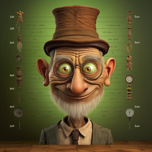 Create an ultrarealistic picture of an imaginary being with the following characteristics: long face, short in stature, age [150], with smooth skin, wearing a brown hat, a green and white t-shirt, and wide brown trousers, Its eyes h), Stranger eyes with green pupils with the $ sign, a liar's long nose like Pinocchio, a large red mouth, cat ears, butterfly wing arms (Very important to be clearly visualized), short legs, only the two upper canine teeth, and a rabbit's tail. The image must show its entire body