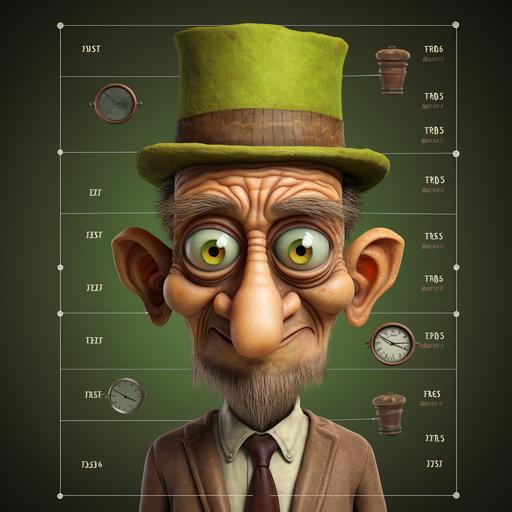 Create an ultrarealistic picture of an imaginary being with the following characteristics: long face, short in stature, age [150], with smooth skin, wearing a brown hat, a green and white t-shirt, and wide brown trousers, Its eyes h), Stranger eyes with green pupils with the $ sign, a liar's long nose like Pinocchio, a large red mouth, cat ears, butterfly wing arms (Very important to be clearly visualized), short legs, only the two upper canine teeth, and a rabbit's tail. The image must show its entire body