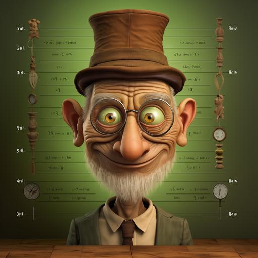 Create an ultrarealistic picture of an imaginary being with the following characteristics: long face, short in stature, age [150], with smooth skin, wearing a brown hat, a green and white t-shirt, and wide brown trousers, Its eyes h), Stranger eyes with green pupils with the $ sign, a liar's long nose like Pinocchio, a large red mouth, cat ears, butterfly wing arms (Very important to be clearly visualized), short legs, only the two upper canine teeth, and a rabbit's tail. The image must show its entire body