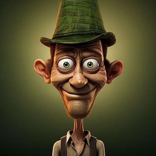 Create an ultrarealistic picture of an imaginary being with the following characteristics: long face, short in stature, age [150], with smooth skin, wearing a brown hat, a green and white t-shirt, and wide brown trousers, Its eyes h), Stranger eyes with green pupils with the $ sign, a liar's long nose like Pinocchio, a large red mouth, cat ears, butterfly wing arms (Very important to be clearly visualized), short legs, only the two upper canine teeth, and a rabbit's tail. The image must show its entire body