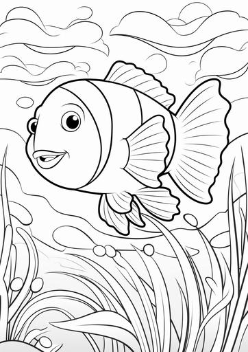 Create coloring pages for kids of clownfish in a cartoon style. lines are thick, the details are minimal, it's in black and white, and there is no shading --ar 85:120