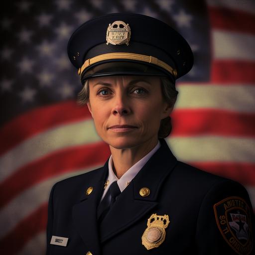 Create highly realistic 5K official department portrait of a female fire chief in dress uniform, fire chief is fit and in her 50's, fire department badge, American flag draped in background, image is professionally lit, bight natural light and vibrant --ar 10:10