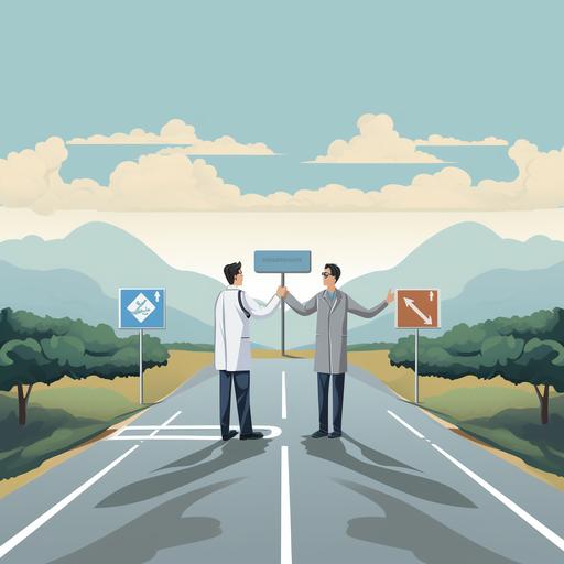 Create image of two people standing in the center of a two-lane highway, facing each other, holding either end of a horizontal sign showing arrows pointing in opposite directions indicating a two-way street. One of the people holding the sign is a doctor and the other is a patient.